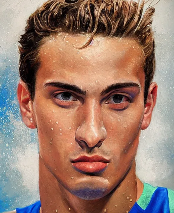 Prompt: portrait of a handsome young spanish swimmer, art by denys tsiperko and bogdan rezunenko, hyperrealism