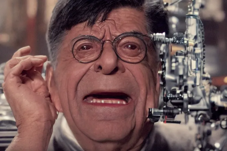 Image similar to a cinematic portrait of jerry lewis fusing with a mechanical monstrosity, hyperdetailed, fritz lang and shinya tsukamoto, 8 k, hd, high resolution, 8 5 mm, f / 1. 8