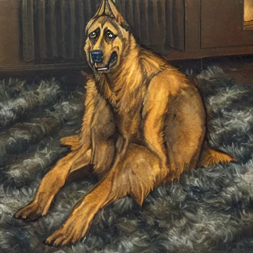 Image similar to a oil painting of a humanoid german shepherd beast - man, wearing military outfit, sitting on the carpeted floor beside a bed