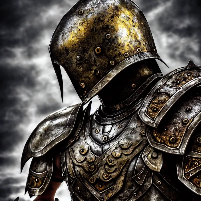 Image similar to digital art of a warrior headless, no head, body with, with metal themed fantasy epic armour, highly detailed, hdr, smooth, sharp focus, high resolution, award - winning photo