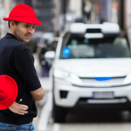 Prompt: a person with a red hat that says mobileye