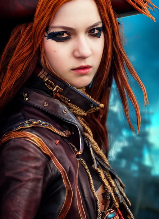 Image similar to photo of a pirate girl on a ship, leather jacket, fantasy, professionally color graded, interesting angle, sharp focus, 8 k high definition, insanely detailed, intricate, cunning, art by stanley lau and artgerm