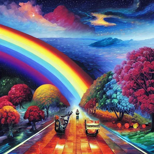 Image similar to rainbow road by james christensen, rob gonsalves, paul lehr, leonid afremov and tim white