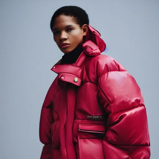 Prompt: realistic photoshooting for a new acne studio lookbook, color film photography, close up, model is wearing a puffer jacket, photo of a woman, photo in style of tyler mitchell, 3 5 mm, vetements, balenciaga, commes des garcon