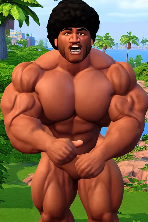 Image similar to portrait of hulking herculean bodybuilder muscular musclebound bodybuilder danny devito, second life avatar, the sims 4