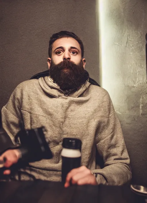 Image similar to Photography of a sad fully bearded man wearing warm clothes and carrying a huge travel backpack, drinking and smoking , sitting in a bar, full body shot, atmospheric lighting , wide angle lens