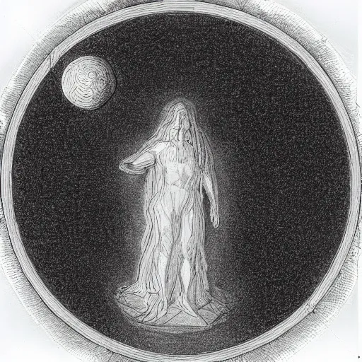 Image similar to sketch of an omnipotent figure inside a void creating new worlds in the shape of white glowing spheres, astonishing detail