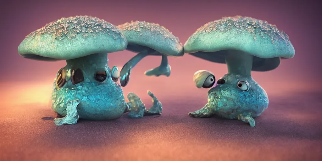 Prompt: a octane render of a very cute aquamarine mushroom monster hollywood style, by waya steurbaut entertainment, dark, intricate, highly detailed, smooth, artstation, high resolution film render 100k, photo realistic style, epic, colourful, close up shot, 3D