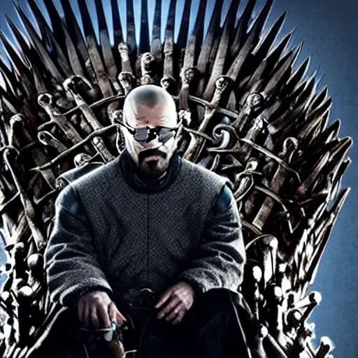 Image similar to “ very very intricate photorealistic screenshot of a walter white on the iron throne in an episode of game of thrones, detailed atmospheric lighting, award - winning crisp details ”