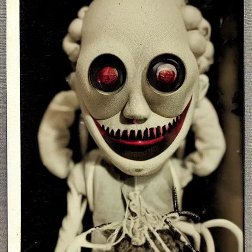 Image similar to creepy marionette puppet, clockwork horror, pediophobia, lost photograph, forgotten, final photo found before disaster, polaroid,