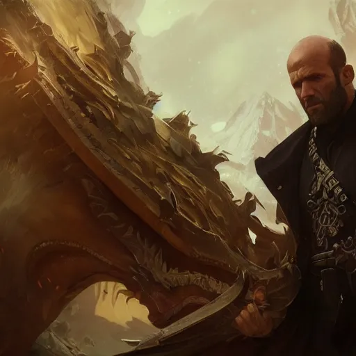 Image similar to photography of jason statham, deep focus, d & d, fantasy, intricate, elegant, highly detailed, digital painting, artstation, concept art, matte, sharp focus, illustration, hearthstone, art by artgerm and greg rutkowski and alphonse mucha