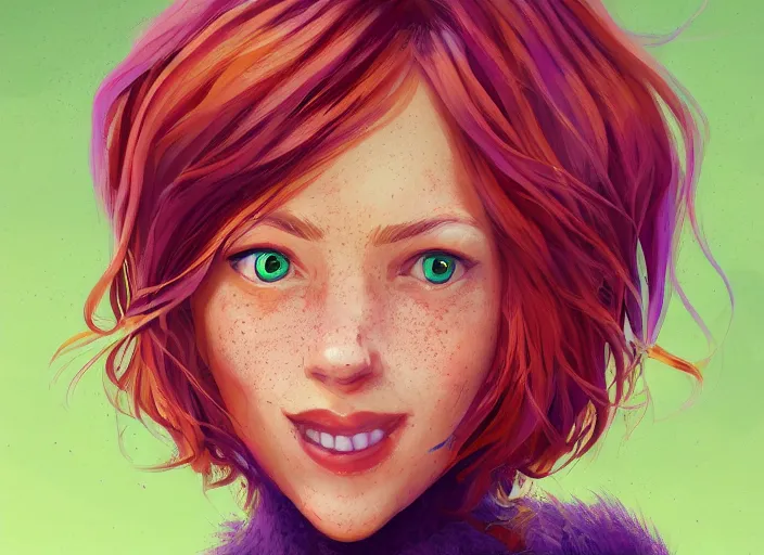 Image similar to portrait of a beautiful smiling girl with orange hair and freckles, green eyes, highly detailed, digital painting, concept art, smooth, sharp, focus, background is purple, artstation, style by Laia López