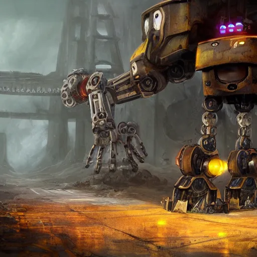 Image similar to Huge mecha robot abandoned under a bridge shaped like spongebob. rusting, apocalyptic dystopia. unreal engine, 4k, trending on artstation, digital painting, highly detailed