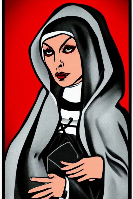 Image similar to portrait, digital painting, an evil nun, black habit, realistic, hyperdetailed, spooky, chiaroscuro, red rim lighting, black background, concept art, art by roy lichtenstein