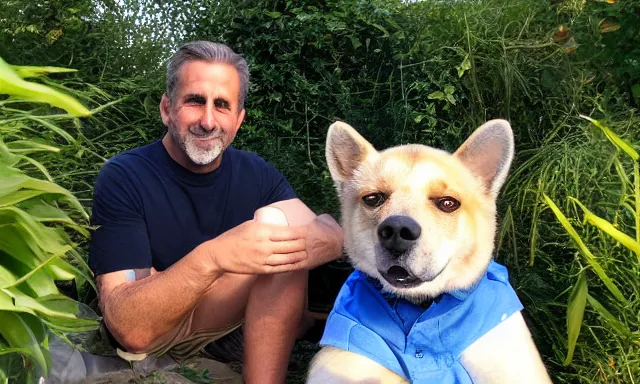 Image similar to My dad Steve just took a hit from the bongo and have good time being gracefully relaxed in the garden, sunset lighting. My second name is Carell. My dad second name is Carell. Im the dog and Steve Carell is my dad. Detailed face