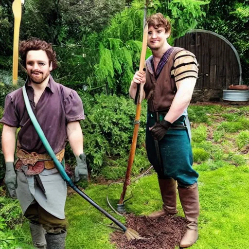 Prompt: handsome attractive hobbit dudes doing fantasy yardwork