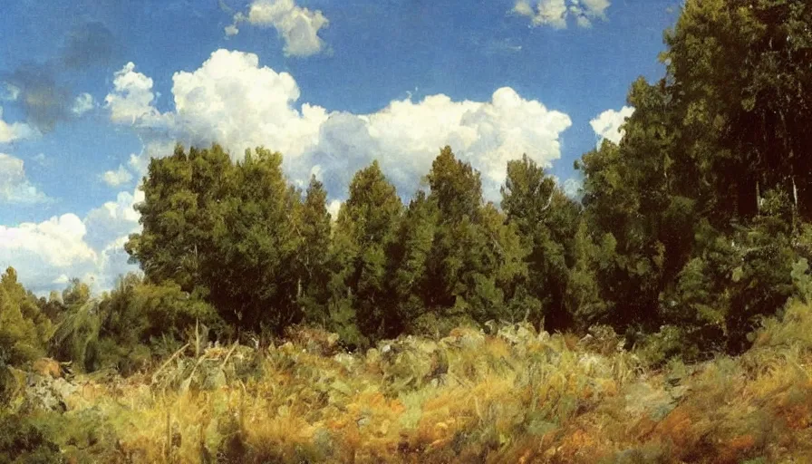 Image similar to a beautiful blue sky with white fluffy clouds by eugene von guerard, ivan shishkin, john singer sargent