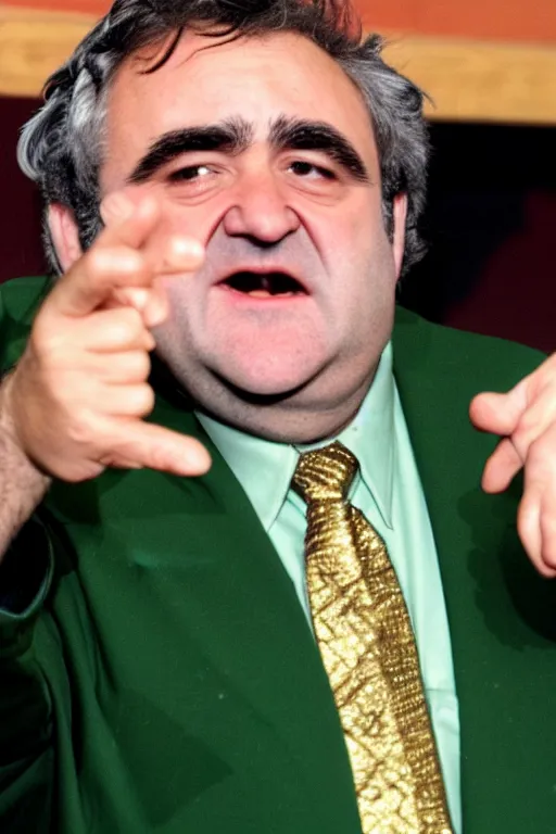 Image similar to gordon brown mixed with john belushi, dark black hair, wearing a green umbro tracksuit and gold necklace star shaped medallion, hands raised in the air,