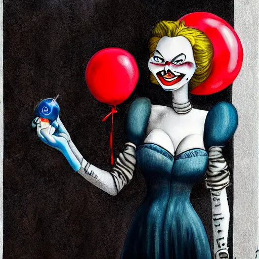 Image similar to grunge cartoon painting of margot robbie with a wide smile and a red balloon by chris leib, loony toons style, pennywise style, corpse bride style, horror theme, detailed, elegant, intricate