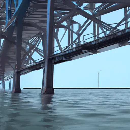 Prompt: a container ship in the water under the francis scott key bridge. the water is choppy and glossy. there is a feeling of powerful immense energy and power. imax 7 0 mm, ultrarealistic, cgsociety, 3 d octane render, ue 5.