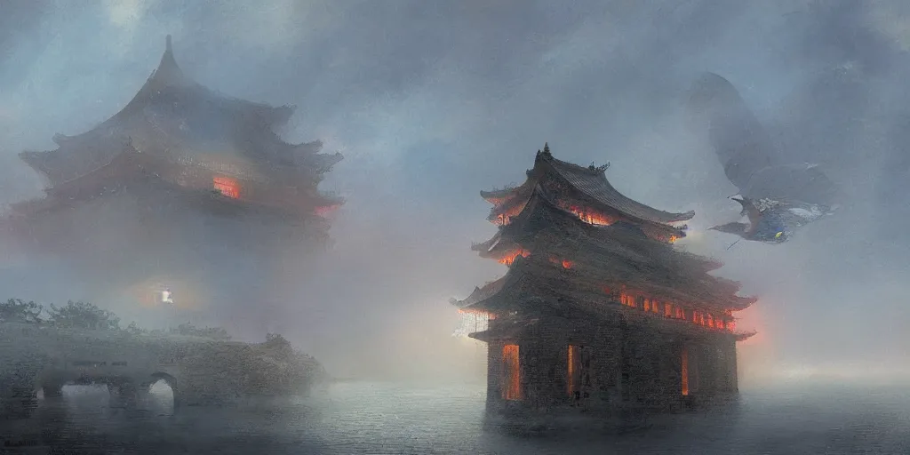 Prompt: on a foggy morning, cloudy day, a giant glowing butterfly inhabits an ancient china shanxi building above the ocean, by craig mullins