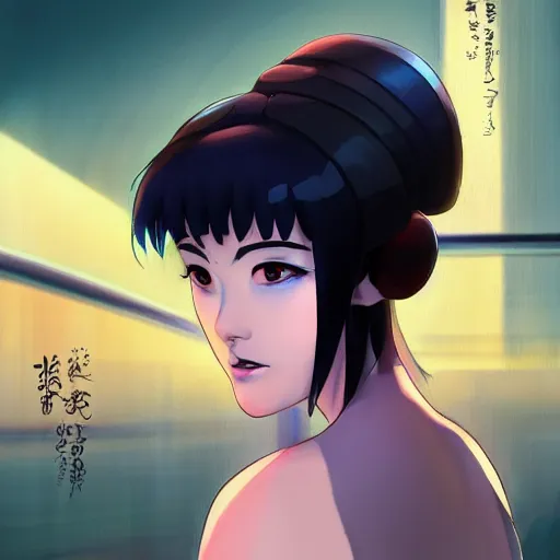 Prompt: portrait of a geisha, ghost in the shell fanart in the style of makoto shinkai and artgerm and loish, dynamic lighting,