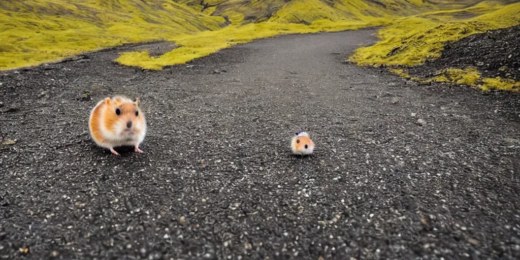 Image similar to a hamster dragging a suitcase around iceland