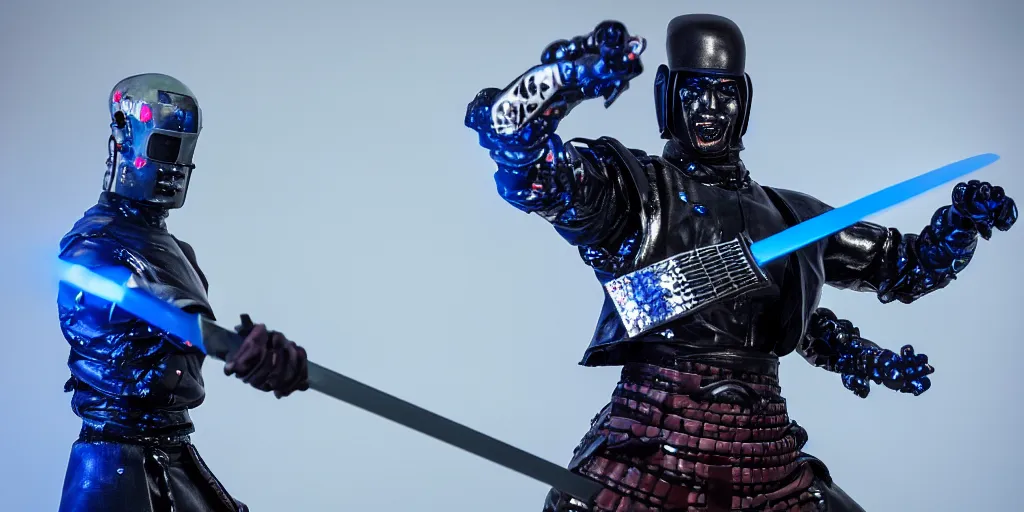 Image similar to a photo of cyborg samurai slashing a training dummy with a blue katana, futuristic, holographic, 8k, sharp focus, fujifilm