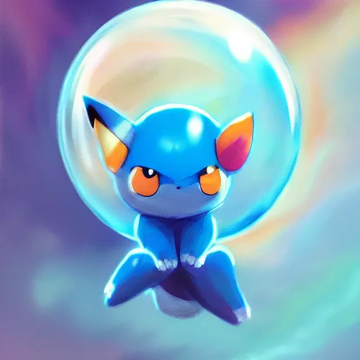 Image similar to cinematic portrait of Pokemon Mew riding large blue bubble, oil on canvas, masterpiece, trending on artstation, featured on pixiv, cinematic composition, beautiful lighting, sharp, details, hyper-detailed photograph, HD, HDR, 4K, 8K