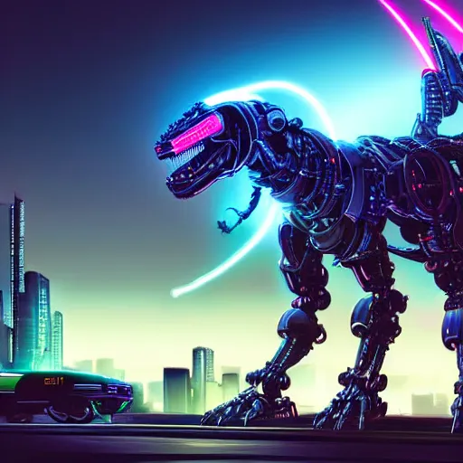 Prompt: detailed photorealistic render of an anime style mecha robot dinosaur on top of a nissan skyline r34 cyberpunk, neon, night, godzilla, jurassic Park