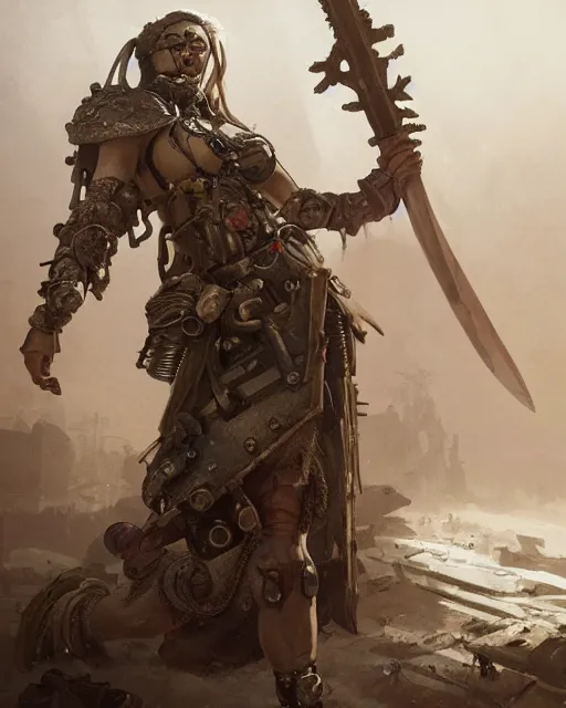 Prompt: hyper realistic portrait of postapocalyptic death cult monk cyborg girl with sword and shield, beads, gears, machineparts, cinematic, artstation, cgsociety, greg rutkowski, james gurney, mignola, craig mullins, brom vray, redshift, octane