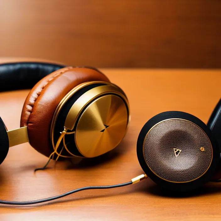 Prompt: beautiful well designed perfect meze classics headphones gold metal, wood cups, leather padding, next to an amplifier on mahogany desk, modernist headphones, wood headphones hyperrealistic, audiophile, intricate high detail, extreme quality, photographic, meze audio, sennheiser