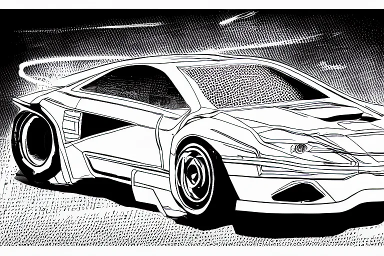Image similar to ford concept car, a page from cyberpunk 2 0 2 0, style of paolo parente, style of mike jackson, adam smasher, johnny silverhand, 1 9 9 0 s comic book style, white background, ink drawing, black and white
