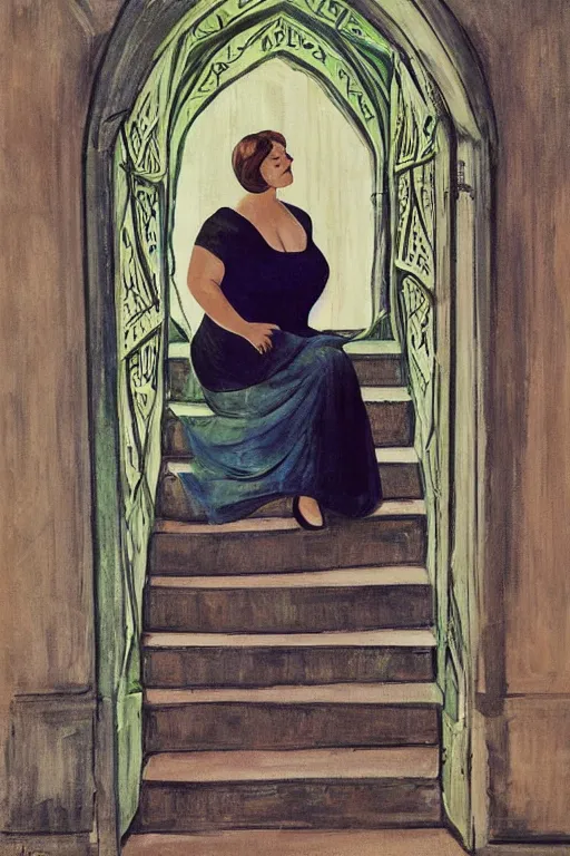 Image similar to plus - sized woman sitting on the stairs of a medieval building, summer, nature, natural light, forest setting, 1 9 6 0 s art, neo - renaissance, pop art, gothic, art nouveau, baroque art, mixed media, by tom wesselman, by mel ramos, by martial raysse, by antonello de messina