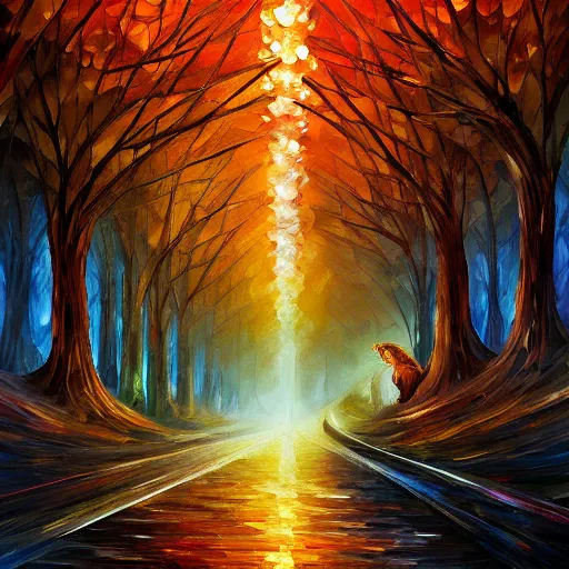 Image similar to squirrel hill tunnel monster, fantasy, intricate, elegant, highly detailed, digital painting, artstation, concept art, smooth, sharp focus, illustration, art by leonid afremov