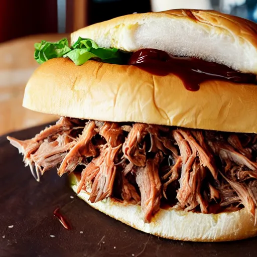 Image similar to pulled pork sandwich that looks like a monster, with eyes and shark teeth, drooling barbecue sauce