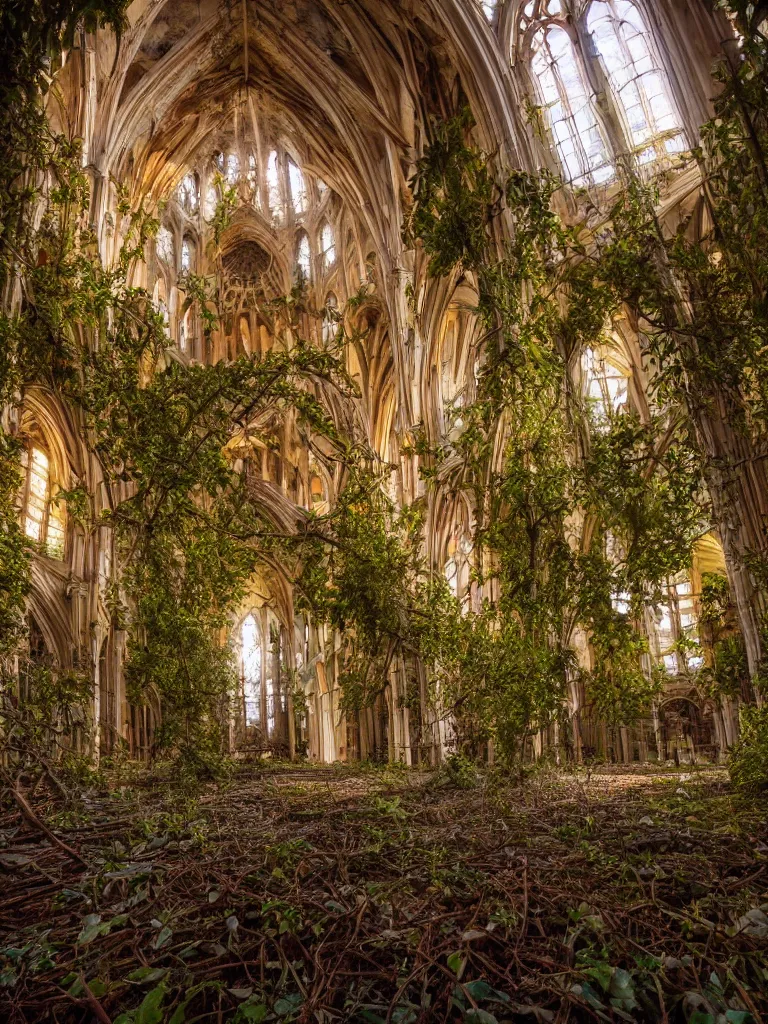 Image similar to Wide angle photograph of the inside of an abandoned cathedral, with a broken roof and overgrown with vines and bushes, cinematic lighting, epic scene, dramatic lighting, evening light, sunset, golden hour, fuji velvia, Flickr, national geographic, taken by Daniel Kordan