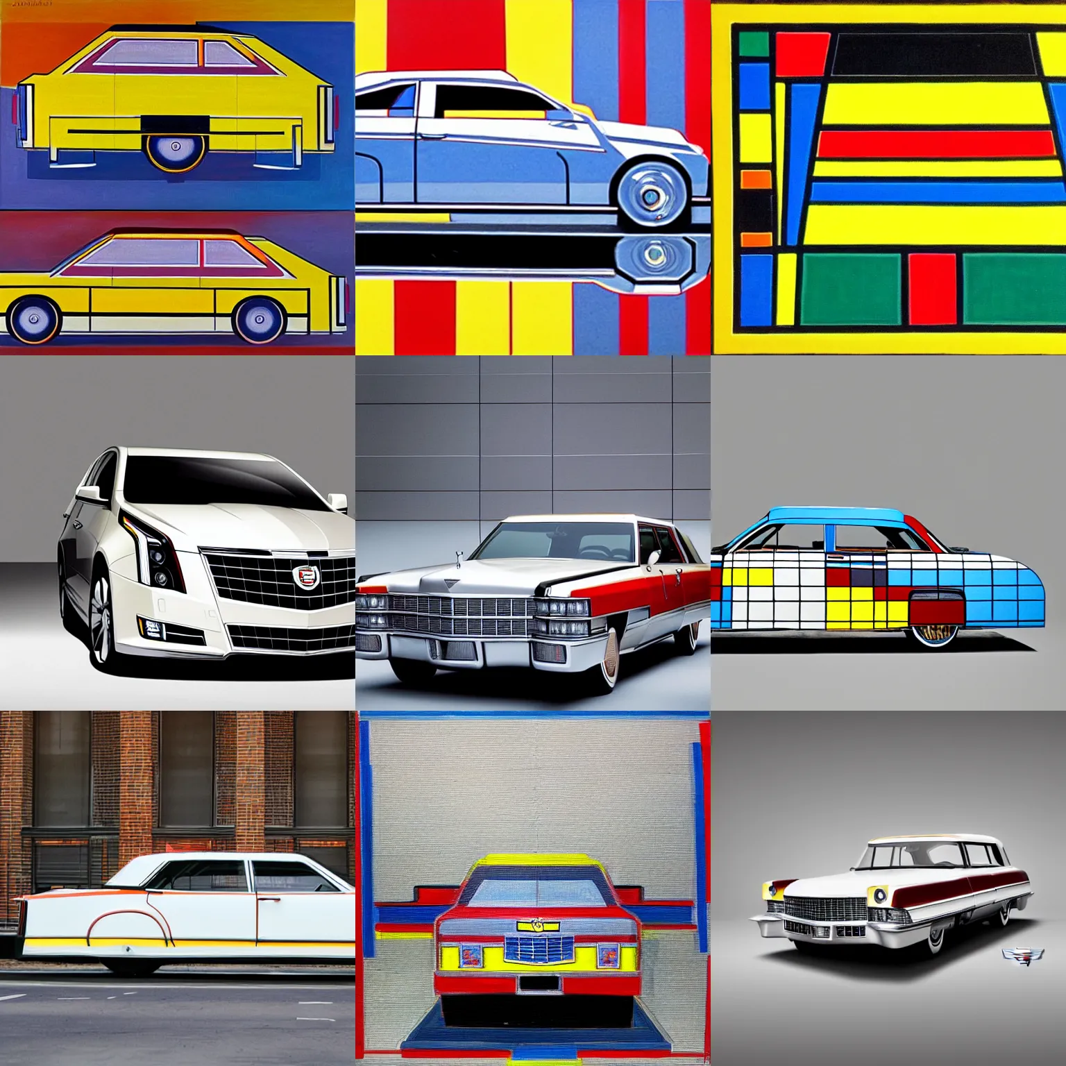 Prompt: a Cadillac , in the style of Piet Mondrian