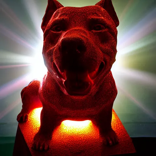 Prompt: redstone sculpture of a detailed carved smiling pitbull + dramatic lightning + volumetric light + backlightning + lensflares + rays of light + dramatic shadows + glowing particles