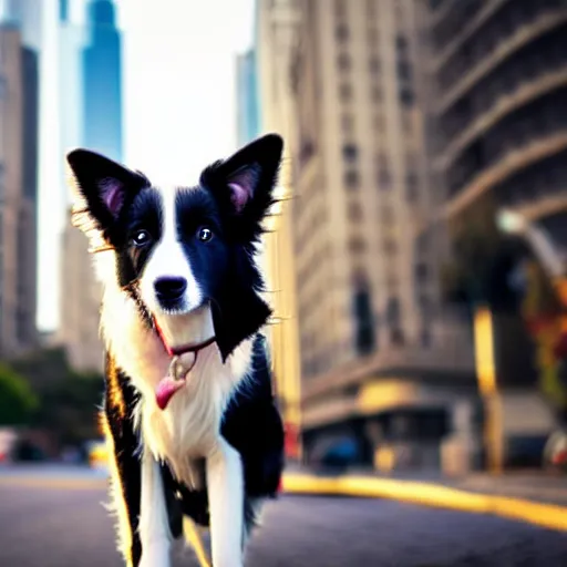 Prompt: a cute border collie puppy in the middle of a busy street with skyscrapers, low angle camera, cinematic, very detailed, 4 k, depth of field