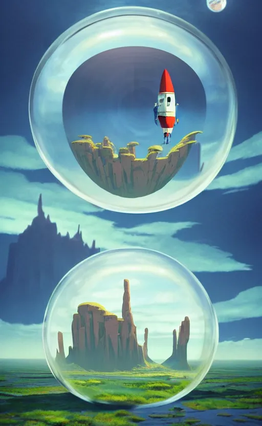 Image similar to a scary hyperrealist painting of a rocketship in a giant transparent cubic bubble from howl's moving castle ( 2 0 0 4 ) in a flooded monument valley stonehenge jungle. depth perception, 4 k, artstation, in the style of studio ghibli