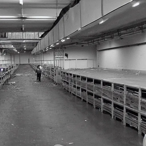 Image similar to insecam cctv footage of an abandoned mannequin warehouse, monochromatic, grainy and blurry vhs footage