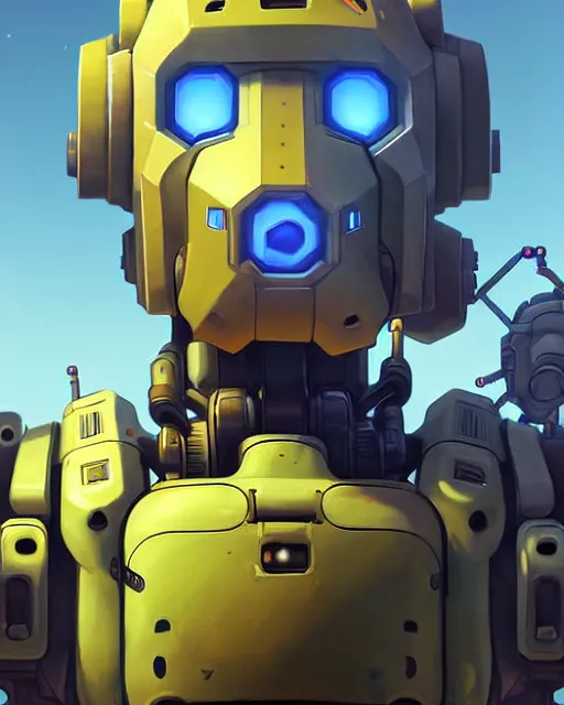 Image similar to bastion the friendly robot from overwatch, character portrait, portrait, close up, concept art, intricate details, highly detailed, vintage sci - fi poster, retro future, in the style of chris foss, rodger dean, moebius, michael whelan, and gustave dore