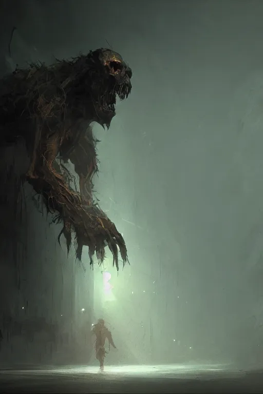 Prompt: a monster lurking in the dark, oppression, horror, volumetric lighting, scenery, digital painting, highly detailed, artstation, sharp focus, illustration, concept art,ruan jia, steve mccurry