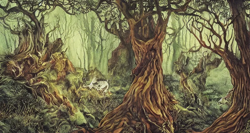 Prompt: Enchanted and magic forest, by Raymond Briggs