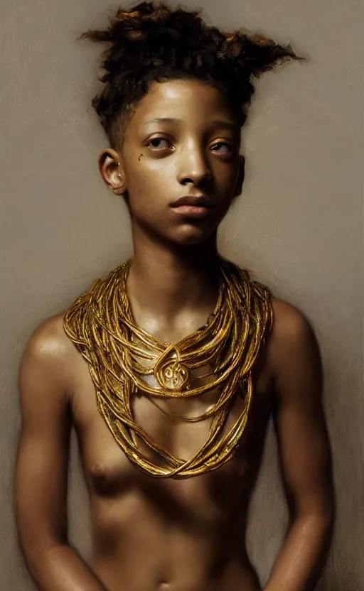 Prompt: portrait willow smith, gold torc, barechest, intricate, elegant, highly detailed, artstation, concept art, sharp focus, ruan jia, jurgens, orientalism, bouguereau