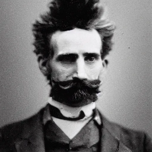 Image similar to A photograph portrait of Jerma985 with crazy hair and a pyramidal mustache in the late 1800s, taken in the late 1800s, 1870s, grainy, taken on a Field View Camera, realistic, hyperrealistic, very realistic, highly detailed, very detailed, extremely detailed, detailed, digital art, trending on artstation