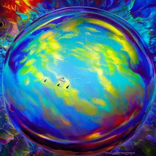 Prompt: ultra realist soft painting of a storm globe, underwater fish universe inside, symmetry accurate features, very intricate details, rainbow lighting, volumetric light water