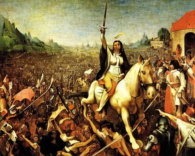 Image similar to Liberty Leading The People By Eugène Delacroix painting by Hieronymus Bosch