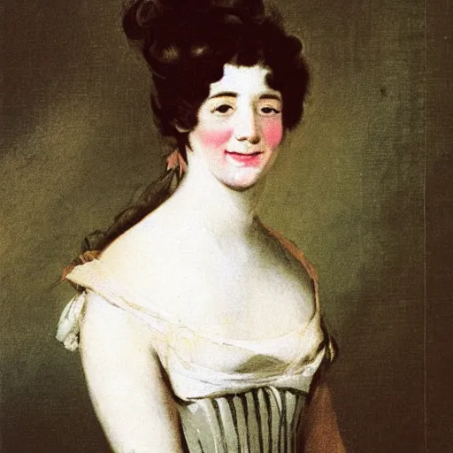 Prompt: portrait of a young woman with a happy face in the year 1810 by Francisco José de Goya y Lucientes, a Spanish romantic painter and printmaker